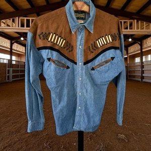 VTG 1990's River Gold Denim Western Shirt Beaded Pearl Snaps Size S - Picture 1 of 4