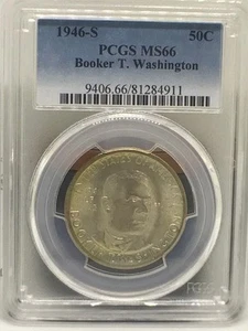 1946 S Booker T Washington Commemorative Half Dollar, 90% Silver Coin, PCGS MS66 - Picture 1 of 4
