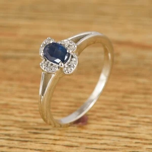Oval Faceted Cut Natural Blue Sapphire Diamond Ring 925 Sterling Silver Jewelry - Picture 1 of 4