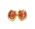 Vintage 18K Yellow Gold Orange Pink Chalcedony Oval Shape Small Stud Earrings