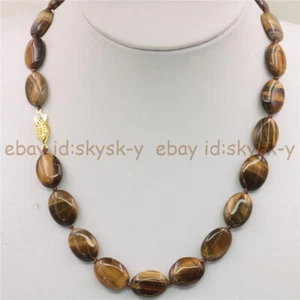 13x18mm Natural Yellow Tiger's Eye Flat Oval Gemstone Beads Necklace 14-48'' - Picture 1 of 19