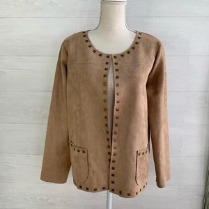 NWT Peck & Peck - Camel brown faux suede open front studded jacket, L - Picture 1 of 6