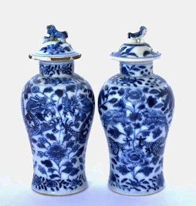 2 1900's Chinese Blue & White Porcelain Covered Jar Vase Tea Caddy Dragon-AS IS - Picture 1 of 15