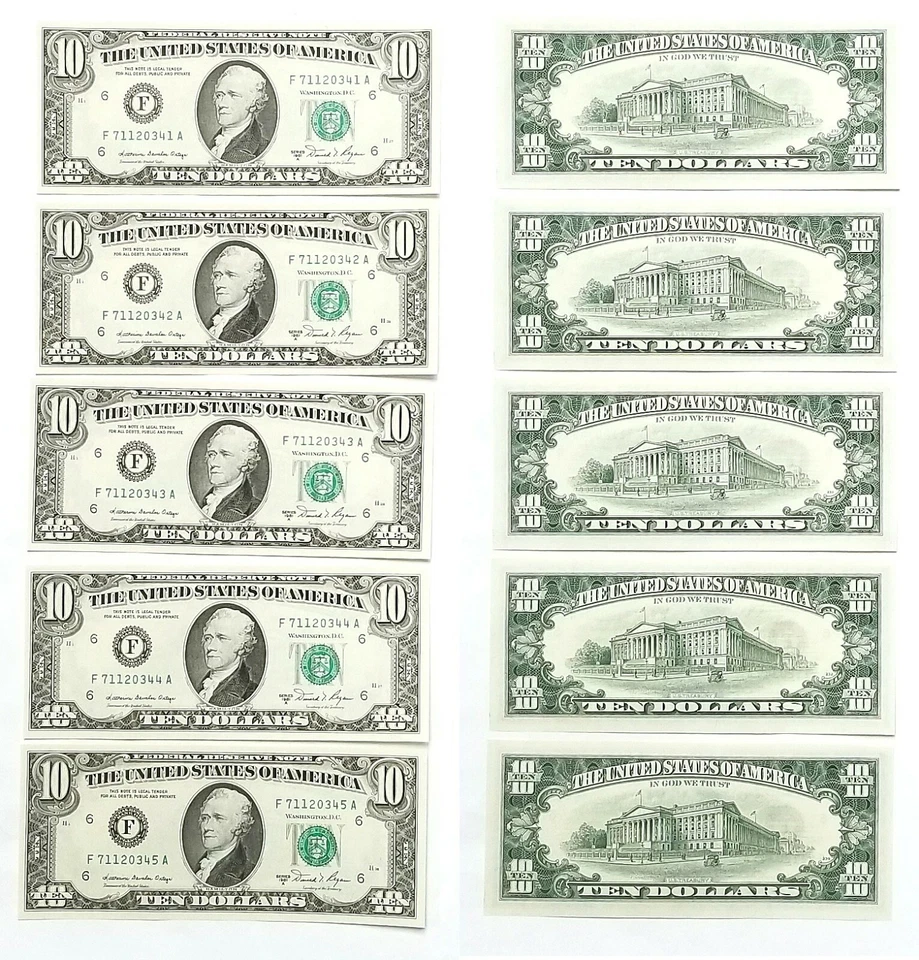1981-A $10 Atlanta District FRNs Fr 2026-F Unc 5 Consecutively Numbered 341-345 - Image 1 of 1