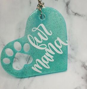 Brand New Handmade Resin "Fur Mama" Heart With Paw Print Keychain