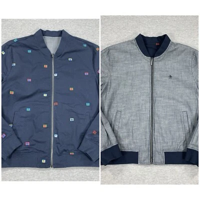 $175 Original Penguin Hombre Reversible Cremallera Completa Chaqueta Azul Marino Gris Para Hombre Grande Foto 1 de 4