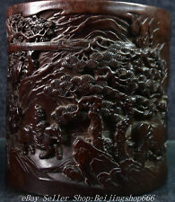 7.6" Old Chinese Leaf red sandalwood  Ebony Wood Carved Tree Figure Brush pot