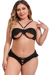 Sexy Black Sheer Peekaboo Mesh Bralette Underwear Lingerie Set Plus Size 12-22 - Picture 1 of 3