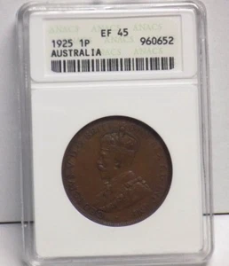 1925 AUSTRALIA PENNY EF 45 BN EF45 Australian ANACS Graded Certified Key Coin  - Picture 1 of 7