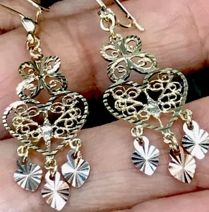 GoLD Chandelier 14k Earring Filigree Heart Butterfly Gypsy drop dangle long - Picture 1 of 11