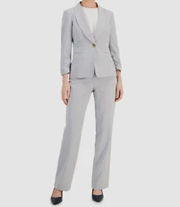 Le Suit Women's Gray Striped Ruched-Sleeve 2-Piece Jacket Pant Suit Size 2P - Picture 1 of 4