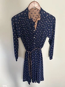 Vintage Navy Blue Dress with Mauvy Pink Hearts, Handmade 1970s - Picture 1 of 4
