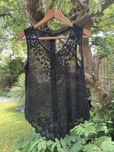 UK 10 Sleeveless Top Sheer Black Bling Throughout V-Neck Back Zip STUNNING - Picture 1 of 14