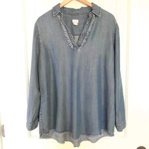 Chico's Tencel Collar Split Neck Top Roll Tab Sleeves Fringe Blue Size 3/Size XL - Picture 1 of 11