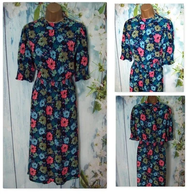 M&S Collection Floral Midi Dress Size 18 Teal Blue Pink Shirred Waist Cuffs - Image 1 of 4