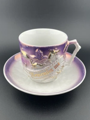Antique German Lusterware Motto Cup & Saucer “Remember Me” Purple & Gold - Image 1 of 4