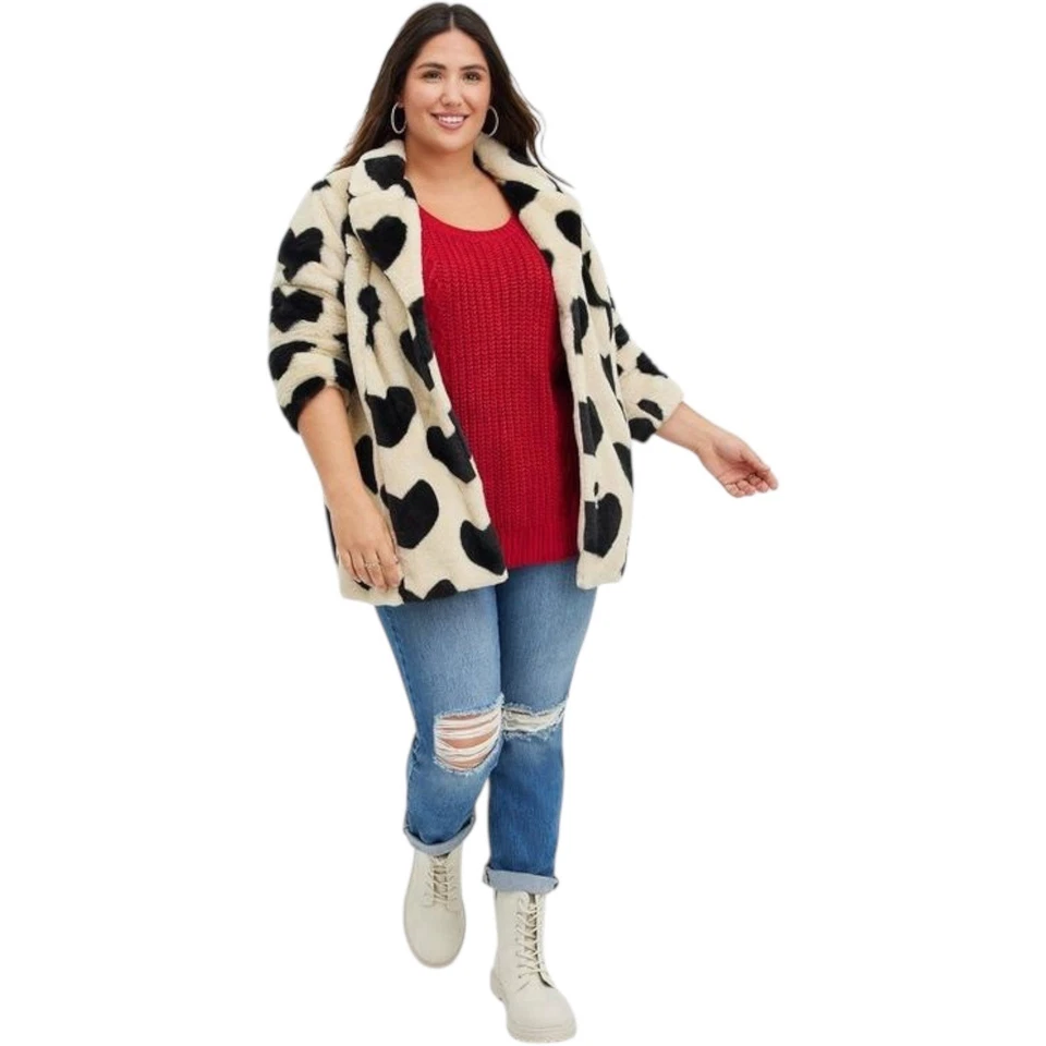 Torrid Faux Fur Heart Print Coat Cream Black Red Lined Long Sleeve Button Front - Image 1 of 4