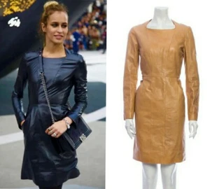 9K Chanel 2017 Tan Leather Midi Dress 34 36 38 2 4 6 Top Skirt CC Logo S M L - Picture 1 of 13