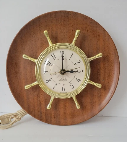 VINTAGE SPARTUS MID CENTURY MODERN WALL CLOCK SHIPS WHEEL NAUTICAL Cover