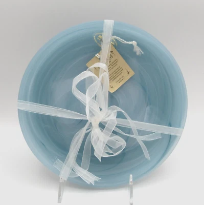 JUEGO DE 4 PLATOS DE ENSALADA/POSTRE/ALMUERZO DE VIDRIO ESMERILADO REMOLINO AZUL CLARO AKCAM NUEVO CON ETIQUETAS Foto 1 de 4