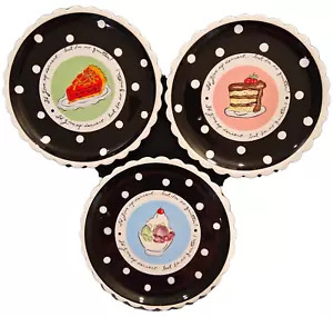 Set Of 3 Mud Pie Desert Plates Ruffle Edging Black With White Polka Dots 8" Dia. - Picture 1 of 18