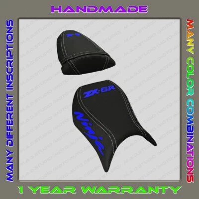 Custom (Black+Blue+w_t) Design Seat COVER Kawasaki Ninja ZX-6R (636) 2005-2006 - Image 1 of 4