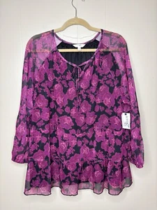 Terra & Sky Women's Sz 1X Berry Wine Roses Mesh Tiered Lined Boho Peasant Top - Picture 1 of 17