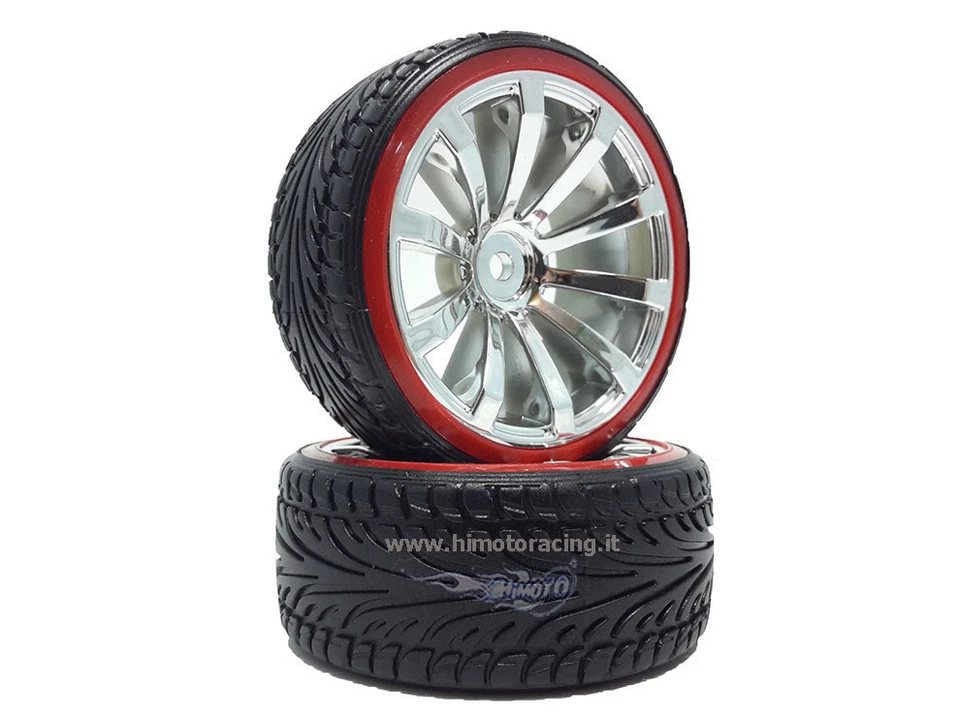 COPPIA DI RUOTE COMPLETE DI INSERTO 1/10 CERCHI ARGENTO ON-ROAD DRIFT HIMOTO - Immagine 1 di 1