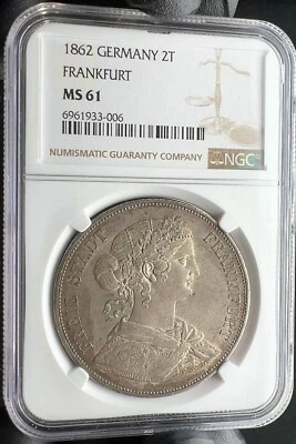 Alemania Frankfurt 2 Thaler 1862 plata NGC MS61 con video HD Foto 1 de 2