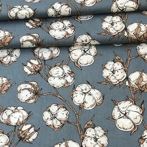 Cotton flower , plant white brown steel blue   100% COTTON FABRIC per metre - Picture 1 of 2