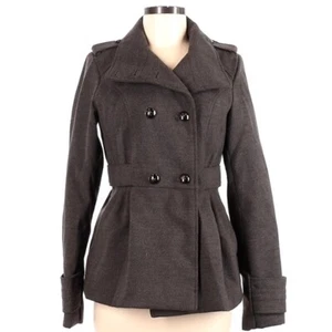 Hydraulic M grey faux wool double breasted lined banded waist & wrists pea coat - Picture 1 of 13