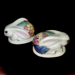 Rare, VTG Handpainted Chinese Porcelain Rabbits (Pair Of 2) Good Fortune Luck - Picture 1 of 6