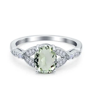 Ovaler natürlicher grüner Amethyst Prasiolith Blatt Perlen Ring 925 Sterlingsilber - Bild 1 von 24