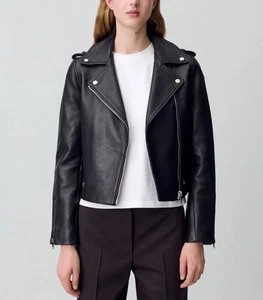 Claudie Pierlot Leather Jacket 8 36 RRP £459 Black Biker Zip Calfskin Soft Lined - Picture 1 of 16