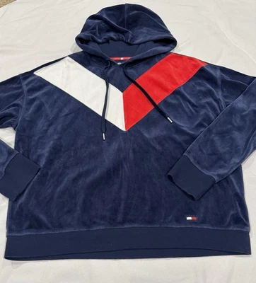 女士 Tommy Hilfiger 运动海军丝绒连帽衫红色白色雪佛龙尺寸 XXL — 第 1/4 张图片