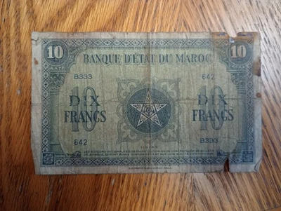 French Morocco 10 Francs 1943 Heavily Circulated Vintage Banknote World Currency - Image 1 of 2