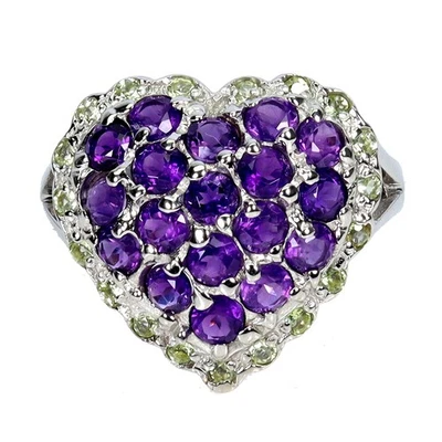 925 Sterlingsilberring Runder Amethyst Peridot Edelstein Schmuck Herz Größe 8 - Bild 1 von 4