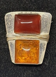 Broche colgante vintage mexicano de plata 925 trapezoidal liso ámbar báltico piedras - Imagen 1 de 4
