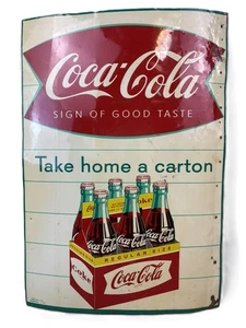 Vtg 1959 Coca Cola Fishtail Take Home A Carton SST Tin Advertising Soda Pop Sign - Picture 1 of 10