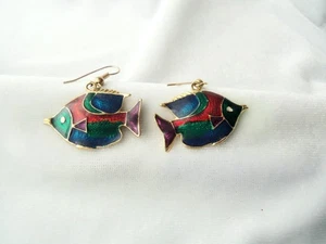 Vintage Multicolor Cloisonne' Enamel Tropical Fish Dangle Pierced earrings - Picture 1 of 4