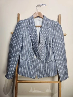Sarah Lloyd Made In Australia Blue Linen Striped Women's Blazer Size 8 RRP 799 - Image 1 of 4