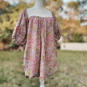 Free People Floral Puff Sleeve Mini Dress XS Pink Purple Cotton Cottage Prairie - Picture 1 of 9