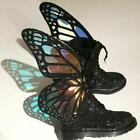 Womens Butterfly Riding Ankle Boots Black Shiny Bling Bling Sequin Leather Shoes