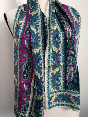 Cachecol oblongo vintage de seda roxo e azul paisley 10 x 52 polegadas  - Imagem 1 de 4