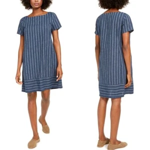 Eileen Fisher Variegated Stripe Bateau Neck Dress blue with pockets size medium - Picture 1 of 7