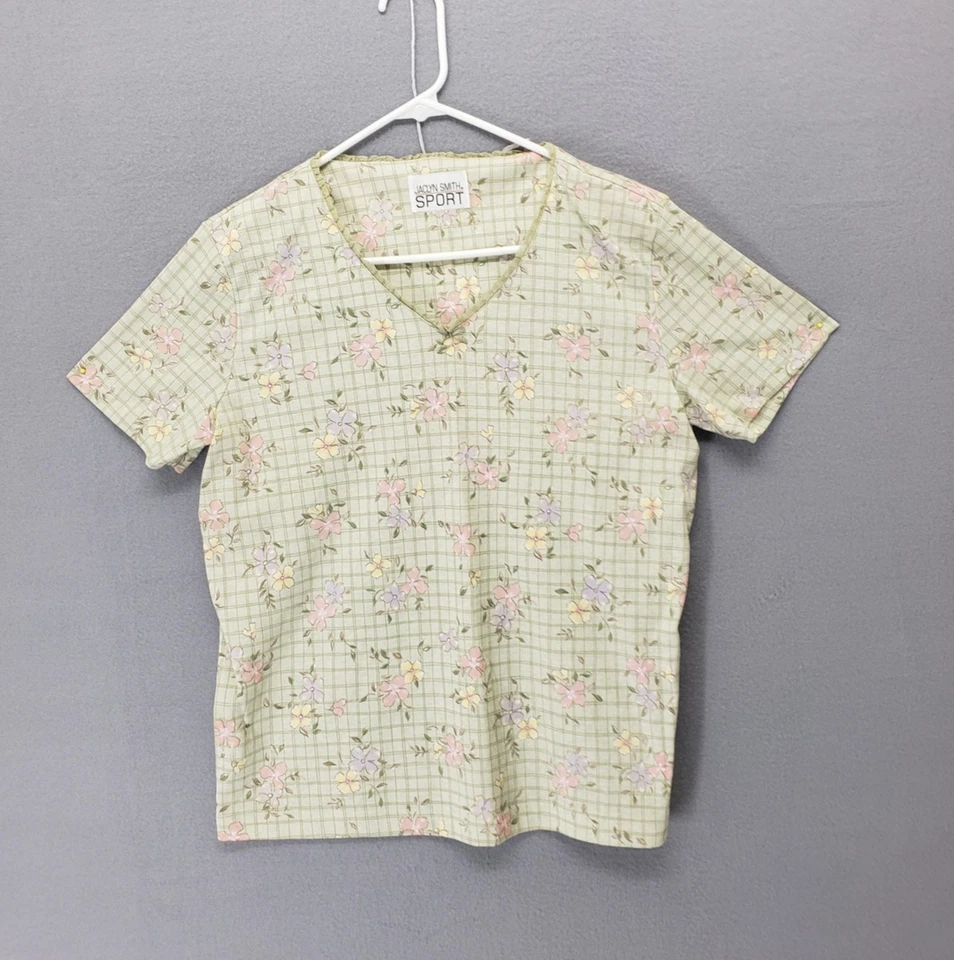 Camisa esportiva feminina Jaclyn Smith pequena verde floral xadrez manga curta primavera top - Imagem 1 de 4