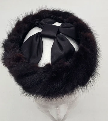 Vintage Mink Fur Halo Hat Headband 1950s Black/Brown w/ Satin Bow Clarksburg W.V - Image 1 of 4