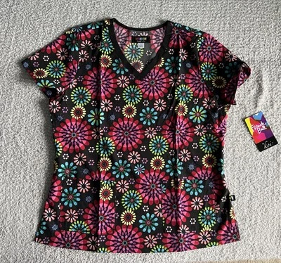 Koi French Bull Scrub Top Women’s Sz Large Black Festival Floral Nursing Medical - Image 1 of 4