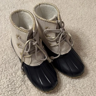 Chloe Rain Duck Boots / Galoshes by Jack Rogers Size 7, Navy Blue Gold Sparkle - Image 1 of 4