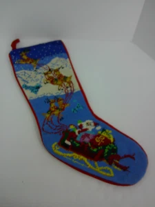 Needlepoint Christmas Holiday Stocking Reindeer Sleigh Santa 20" Red Velvet Back - Picture 1 of 4